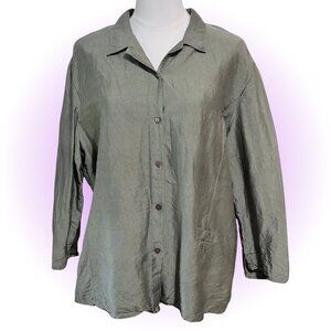 OLIVE GREEN 100% SILK BUTTON-DOWN WOMEN'S BLOUSE TOP EUC 18 1X